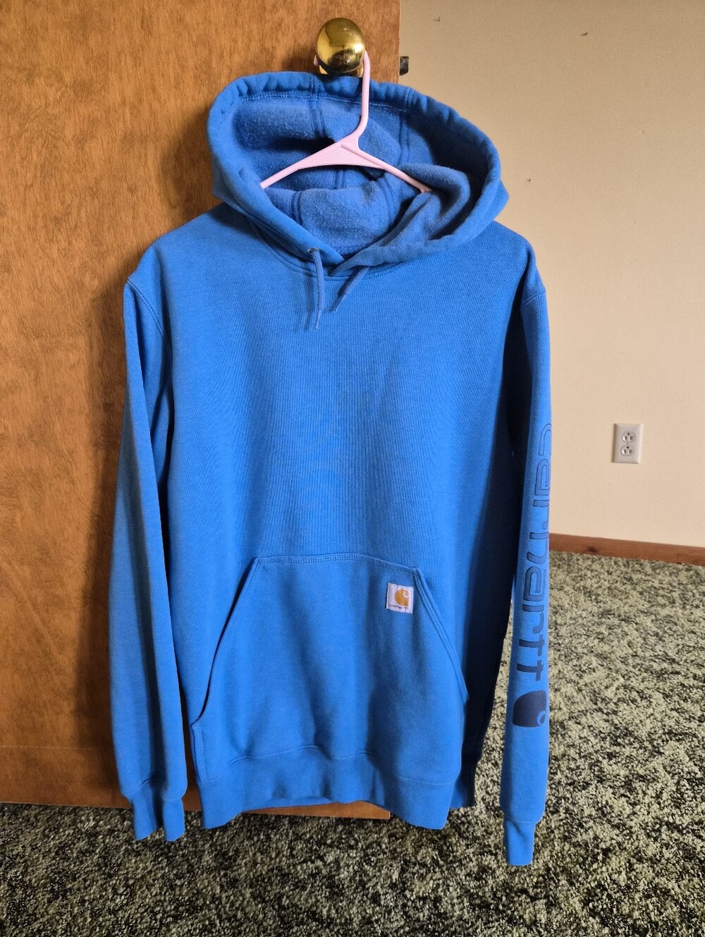 Mens Carhartt Blue Pullover Hooded Work Sweatshirt with Sleeve Logo